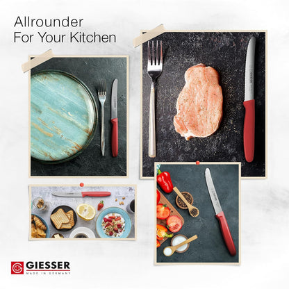 Giesser since 1776, Made in Germany, Serrated kitchen knives round tip dishwasher safe 4.5 inch - Tomato knife, Steak knive set of 6 (Red)