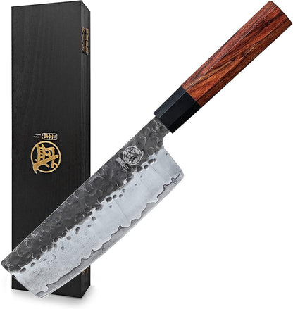 7-Inch Japanese Nakiri Knife, 3-layer 9Cr18MoV steel | San-Mai Hand-Forged Steel, Deep-Cryo Treatment, Tsuchime Kurouchi Finish, Rosewood Handle, Sandalwood Box
