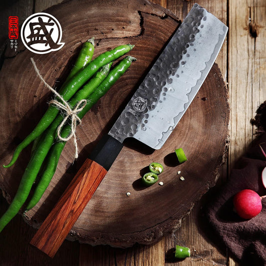 7-Inch Japanese Nakiri Knife, 3-layer 9Cr18MoV steel | San-Mai Hand-Forged Steel, Deep-Cryo Treatment, Tsuchime Kurouchi Finish, Rosewood Handle, Sandalwood Box
