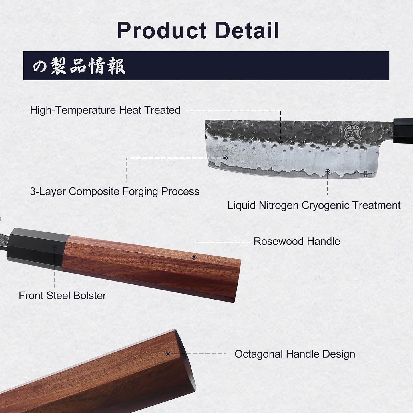 7-Inch Japanese Nakiri Knife, 3-layer 9Cr18MoV steel | San-Mai Hand-Forged Steel, Deep-Cryo Treatment, Tsuchime Kurouchi Finish, Rosewood Handle, Sandalwood Box