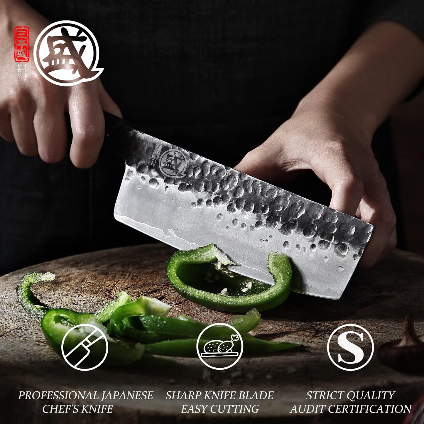 7-Inch Japanese Nakiri Knife, 3-layer 9Cr18MoV steel | San-Mai Hand-Forged Steel, Deep-Cryo Treatment, Tsuchime Kurouchi Finish, Rosewood Handle, Sandalwood Box