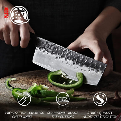 7-Inch Japanese Nakiri Knife, 3-layer 9Cr18MoV steel | San-Mai Hand-Forged Steel, Deep-Cryo Treatment, Tsuchime Kurouchi Finish, Rosewood Handle, Sandalwood Box