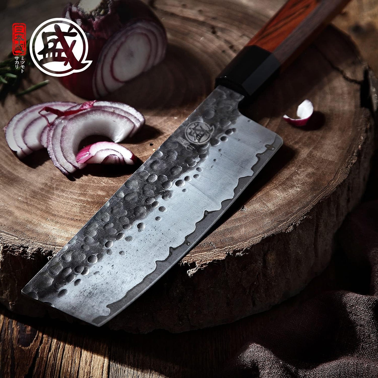 7-Inch Japanese Nakiri Knife, 3-layer 9Cr18MoV steel | San-Mai Hand-Forged Steel, Deep-Cryo Treatment, Tsuchime Kurouchi Finish, Rosewood Handle, Sandalwood Box