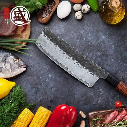 7-Inch Japanese Nakiri Knife, 3-layer 9Cr18MoV steel | San-Mai Hand-Forged Steel, Deep-Cryo Treatment, Tsuchime Kurouchi Finish, Rosewood Handle, Sandalwood Box