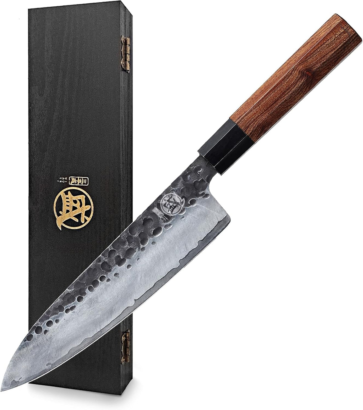 7-Inch Japanese Nakiri Knife, 3-layer 9Cr18MoV steel | San-Mai Hand-Forged Steel, Deep-Cryo Treatment, Tsuchime Kurouchi Finish, Rosewood Handle, Sandalwood Box