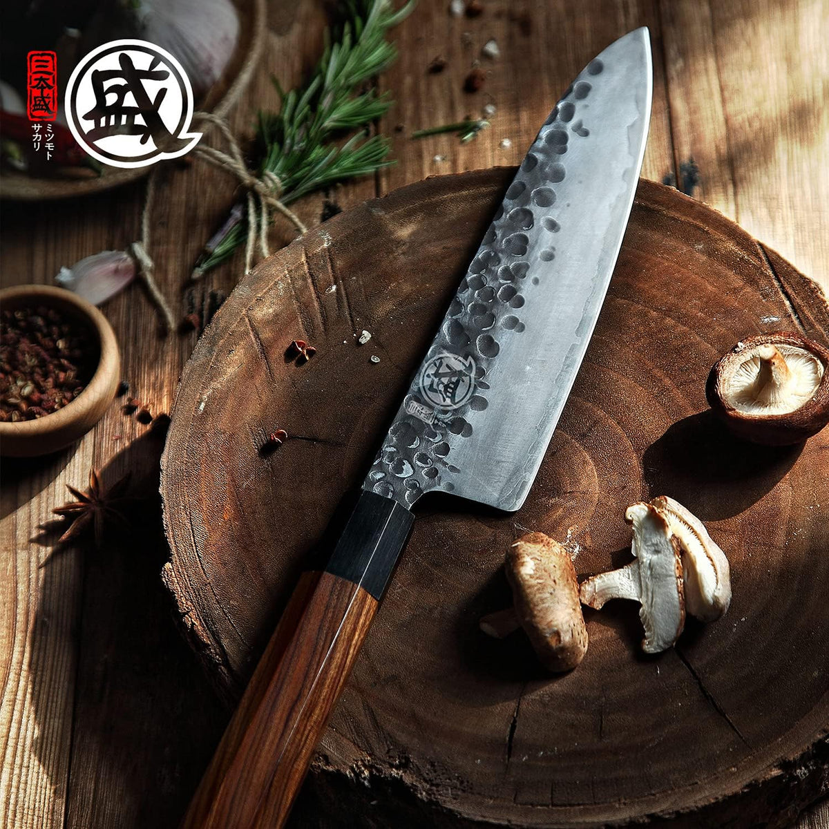 7-Inch Japanese Nakiri Knife, 3-layer 9Cr18MoV steel | San-Mai Hand-Forged Steel, Deep-Cryo Treatment, Tsuchime Kurouchi Finish, Rosewood Handle, Sandalwood Box