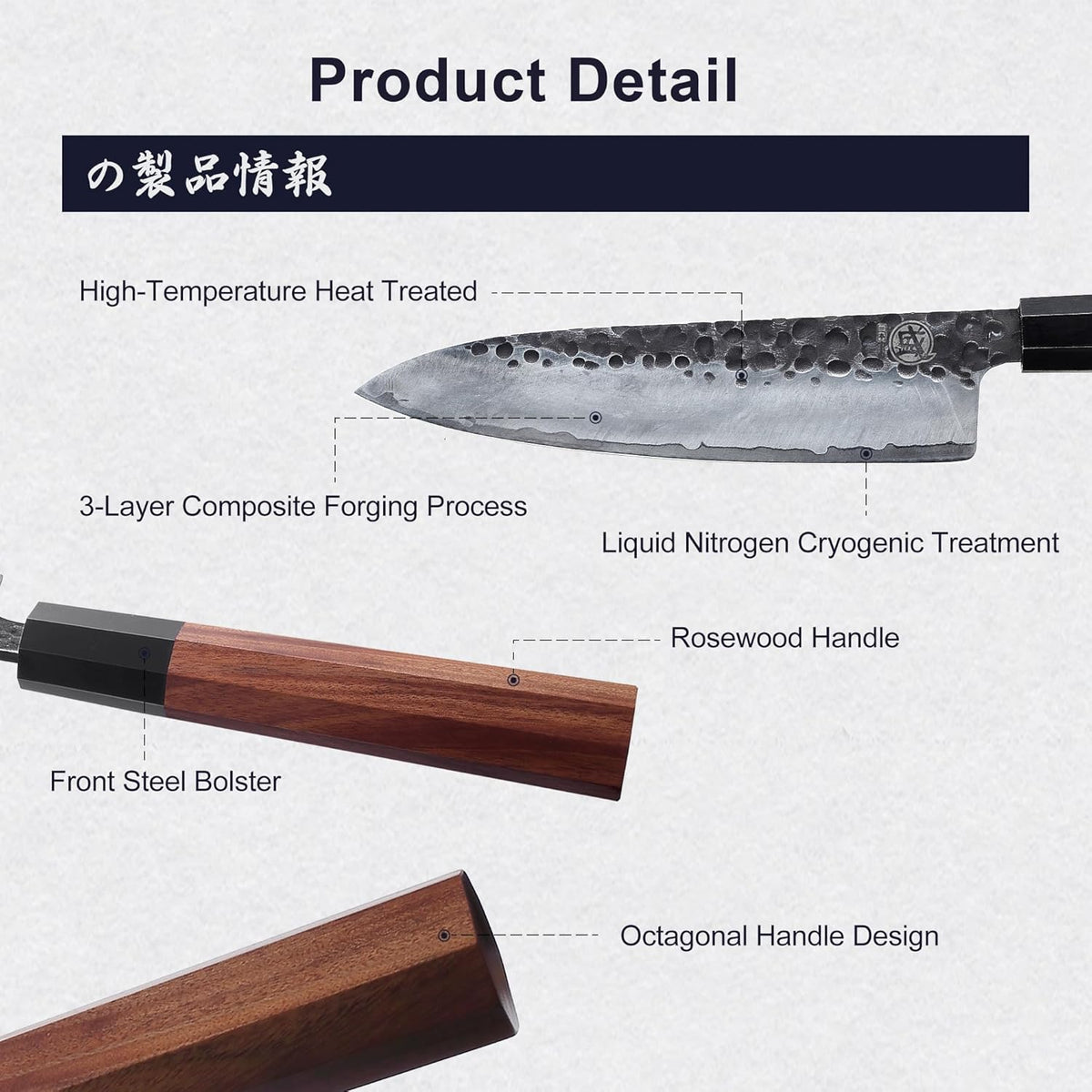 7-Inch Japanese Nakiri Knife, 3-layer 9Cr18MoV steel | San-Mai Hand-Forged Steel, Deep-Cryo Treatment, Tsuchime Kurouchi Finish, Rosewood Handle, Sandalwood Box