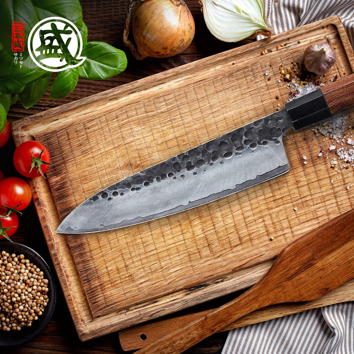 7-Inch Japanese Nakiri Knife, 3-layer 9Cr18MoV steel | San-Mai Hand-Forged Steel, Deep-Cryo Treatment, Tsuchime Kurouchi Finish, Rosewood Handle, Sandalwood Box