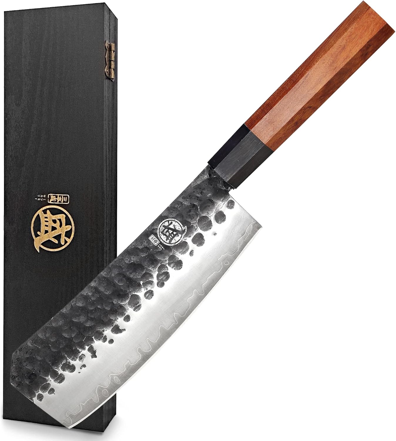 7-Inch Japanese Nakiri Knife, 3-layer 9Cr18MoV steel | San-Mai Hand-Forged Steel, Deep-Cryo Treatment, Tsuchime Kurouchi Finish, Rosewood Handle, Sandalwood Box
