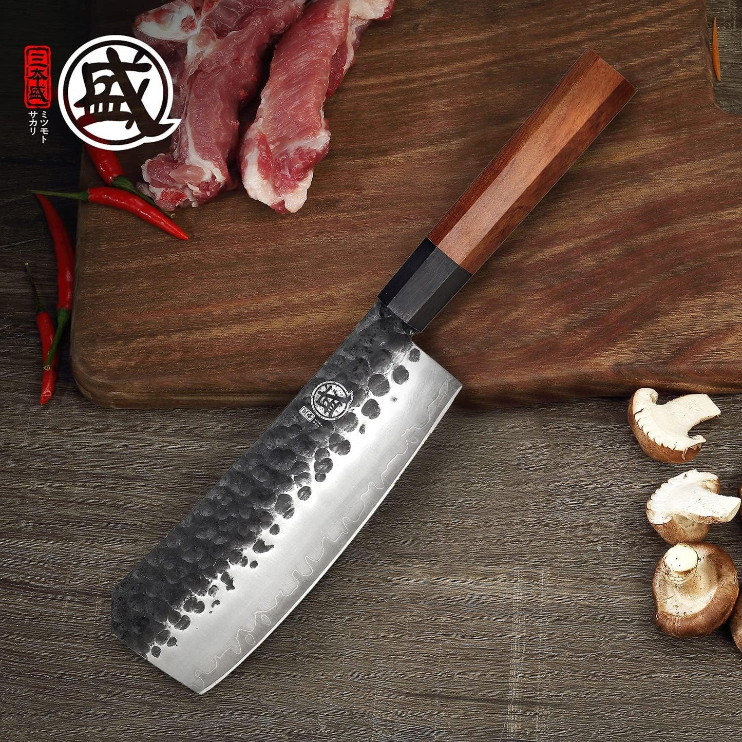 7-Inch Japanese Nakiri Knife, 3-layer 9Cr18MoV steel | San-Mai Hand-Forged Steel, Deep-Cryo Treatment, Tsuchime Kurouchi Finish, Rosewood Handle, Sandalwood Box