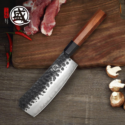 7-Inch Japanese Nakiri Knife, 3-layer 9Cr18MoV steel | San-Mai Hand-Forged Steel, Deep-Cryo Treatment, Tsuchime Kurouchi Finish, Rosewood Handle, Sandalwood Box