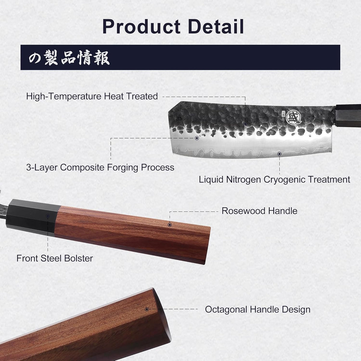 7-Inch Japanese Nakiri Knife, 3-layer 9Cr18MoV steel | San-Mai Hand-Forged Steel, Deep-Cryo Treatment, Tsuchime Kurouchi Finish, Rosewood Handle, Sandalwood Box