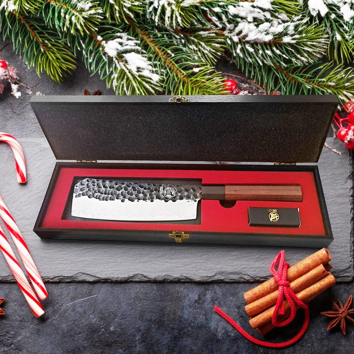 7-Inch Japanese Nakiri Knife, 3-layer 9Cr18MoV steel | San-Mai Hand-Forged Steel, Deep-Cryo Treatment, Tsuchime Kurouchi Finish, Rosewood Handle, Sandalwood Box