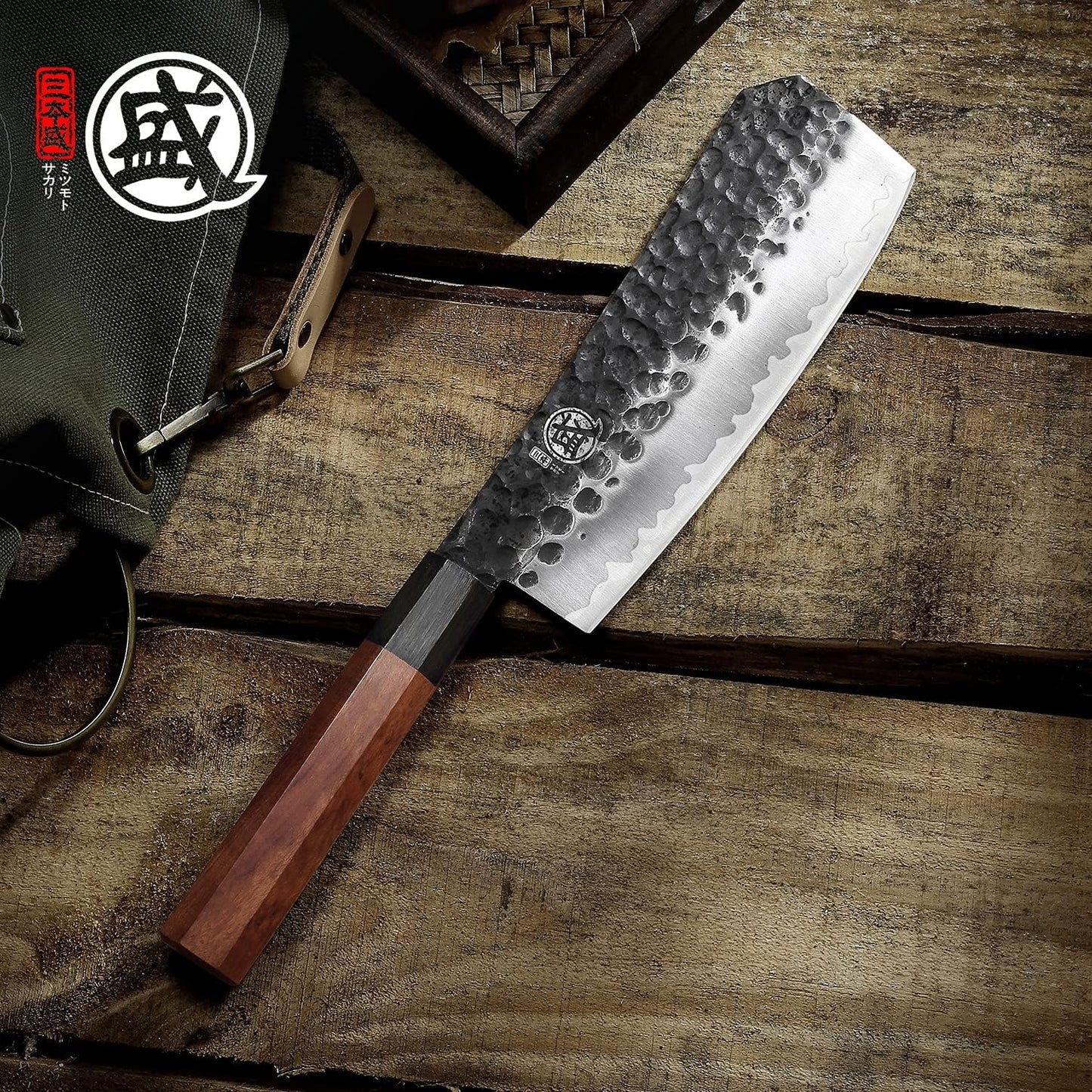 7-Inch Japanese Nakiri Knife, 3-layer 9Cr18MoV steel | San-Mai Hand-Forged Steel, Deep-Cryo Treatment, Tsuchime Kurouchi Finish, Rosewood Handle, Sandalwood Box