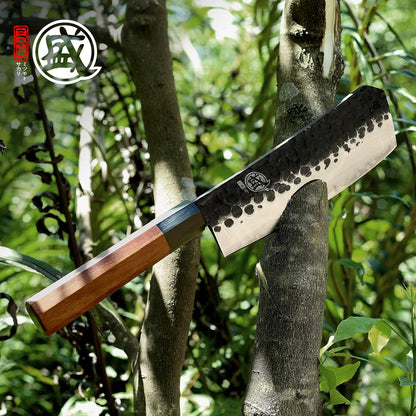 7-Inch Japanese Nakiri Knife, 3-layer 9Cr18MoV steel | San-Mai Hand-Forged Steel, Deep-Cryo Treatment, Tsuchime Kurouchi Finish, Rosewood Handle, Sandalwood Box