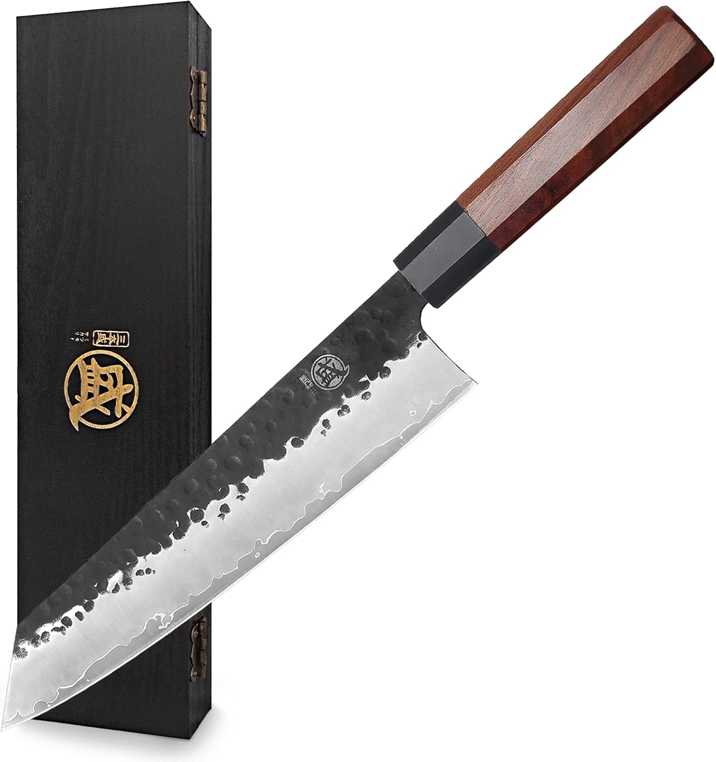 7-Inch Japanese Nakiri Knife, 3-layer 9Cr18MoV steel | San-Mai Hand-Forged Steel, Deep-Cryo Treatment, Tsuchime Kurouchi Finish, Rosewood Handle, Sandalwood Box