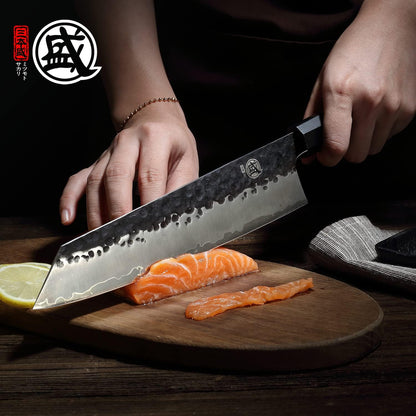 7-Inch Japanese Nakiri Knife, 3-layer 9Cr18MoV steel | San-Mai Hand-Forged Steel, Deep-Cryo Treatment, Tsuchime Kurouchi Finish, Rosewood Handle, Sandalwood Box