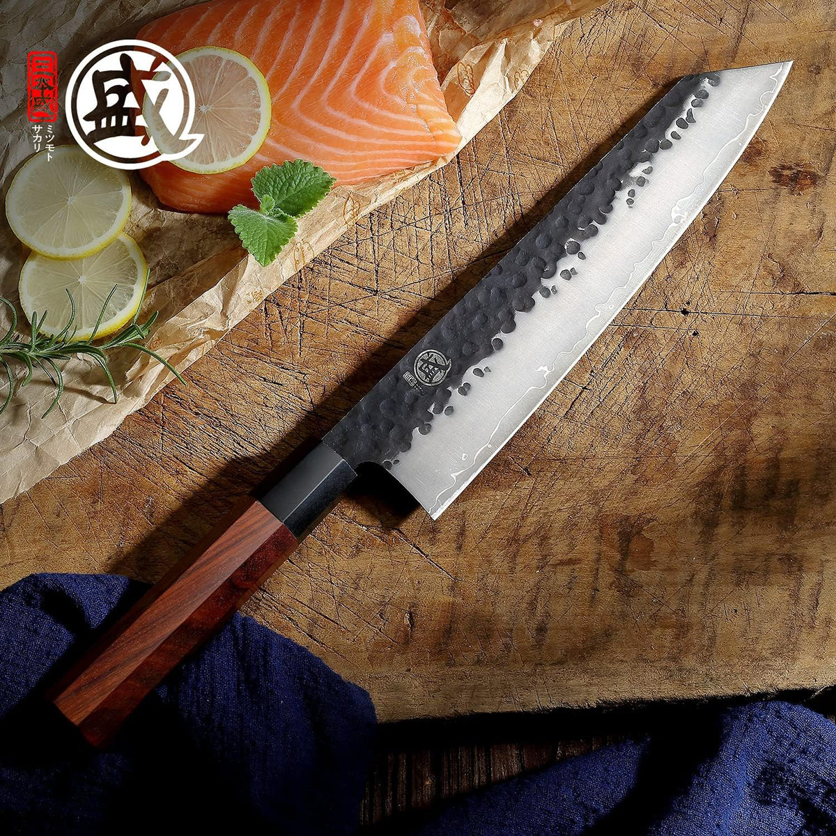 7-Inch Japanese Nakiri Knife, 3-layer 9Cr18MoV steel | San-Mai Hand-Forged Steel, Deep-Cryo Treatment, Tsuchime Kurouchi Finish, Rosewood Handle, Sandalwood Box