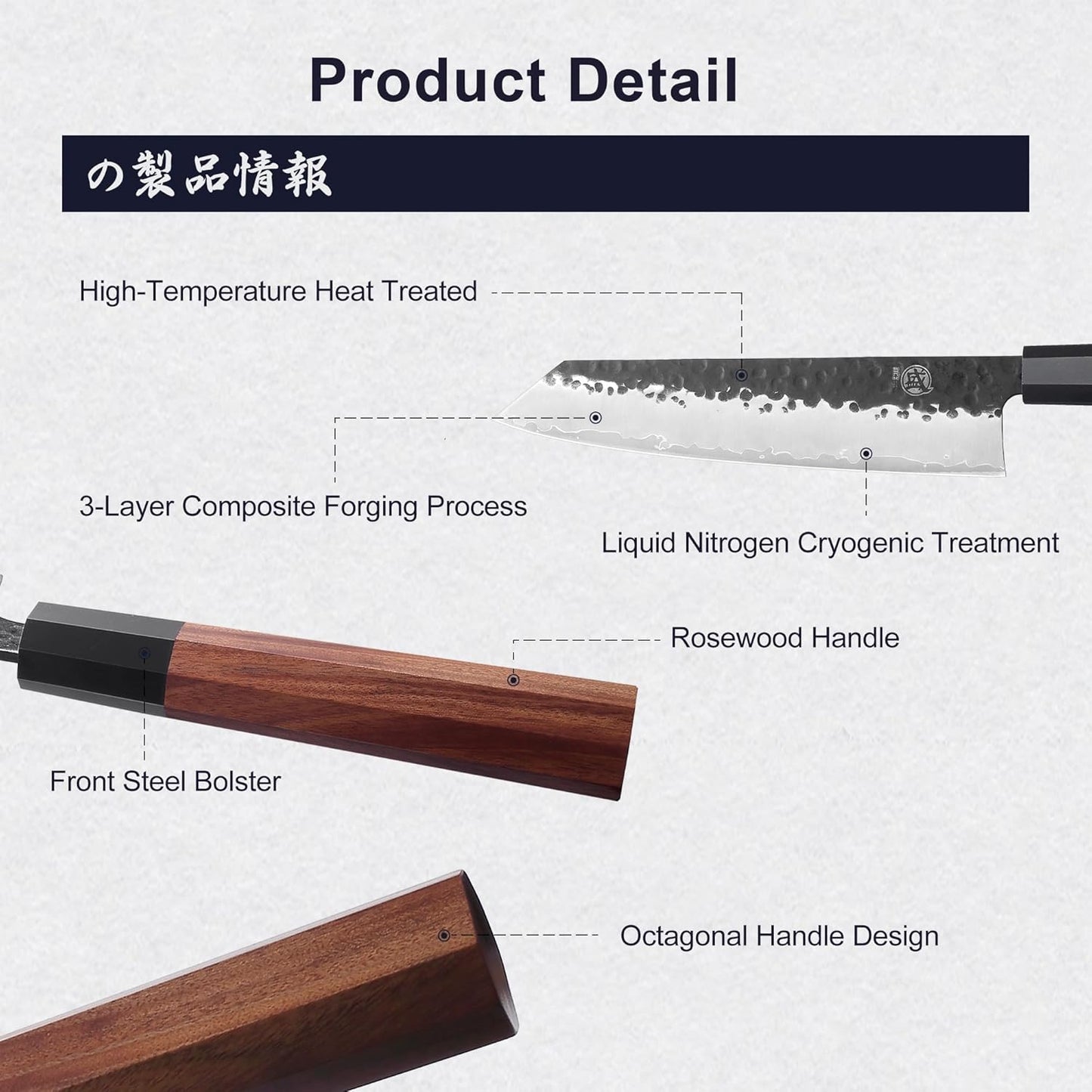 7-Inch Japanese Nakiri Knife, 3-layer 9Cr18MoV steel | San-Mai Hand-Forged Steel, Deep-Cryo Treatment, Tsuchime Kurouchi Finish, Rosewood Handle, Sandalwood Box