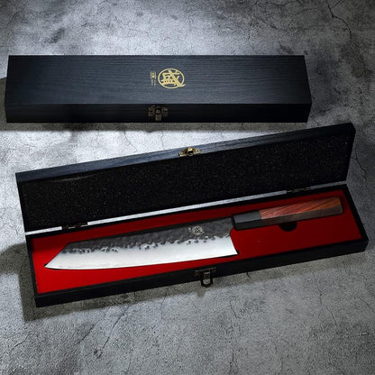 7-Inch Japanese Nakiri Knife, 3-layer 9Cr18MoV steel | San-Mai Hand-Forged Steel, Deep-Cryo Treatment, Tsuchime Kurouchi Finish, Rosewood Handle, Sandalwood Box