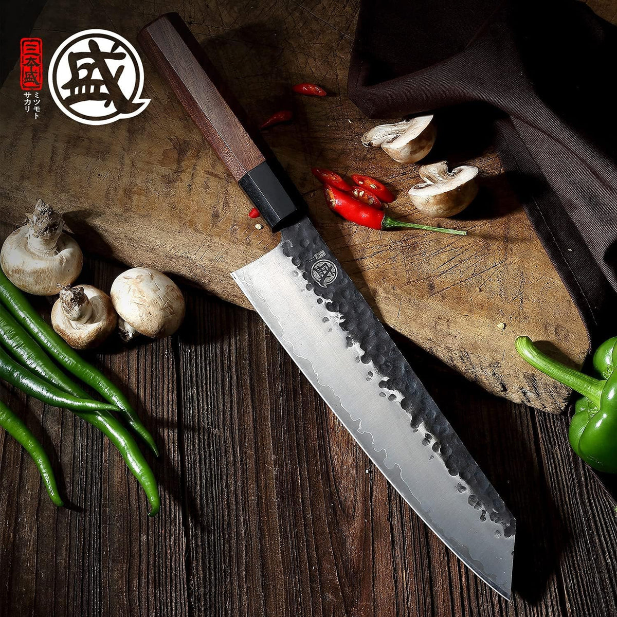 7-Inch Japanese Nakiri Knife, 3-layer 9Cr18MoV steel | San-Mai Hand-Forged Steel, Deep-Cryo Treatment, Tsuchime Kurouchi Finish, Rosewood Handle, Sandalwood Box