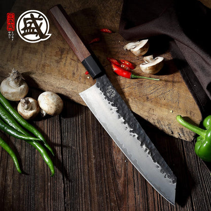 7-Inch Japanese Nakiri Knife, 3-layer 9Cr18MoV steel | San-Mai Hand-Forged Steel, Deep-Cryo Treatment, Tsuchime Kurouchi Finish, Rosewood Handle, Sandalwood Box
