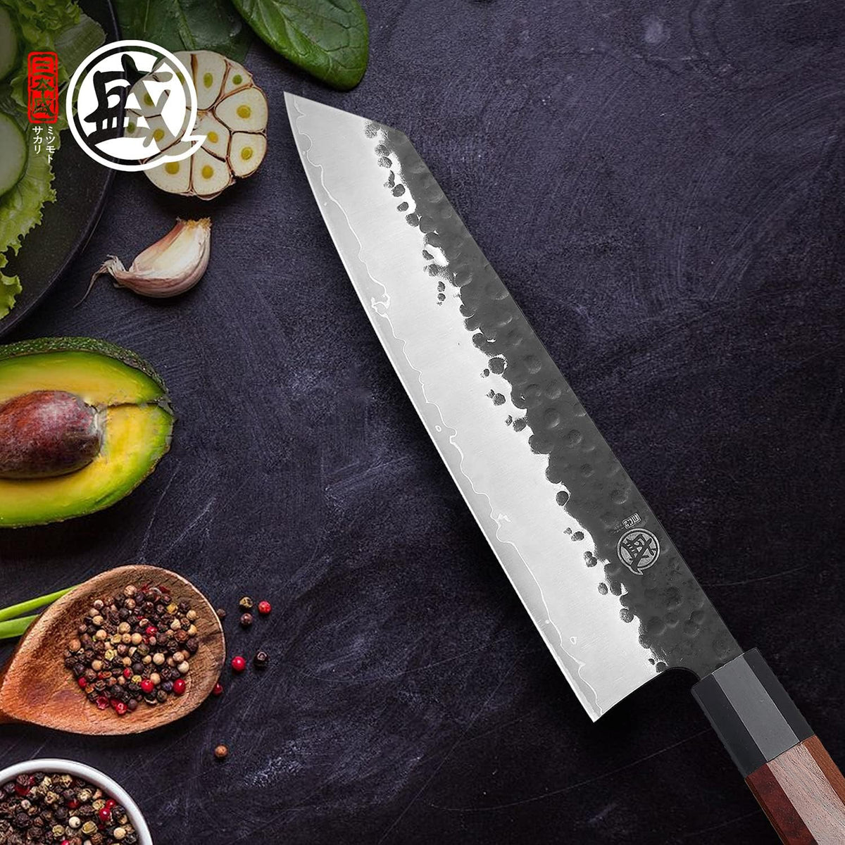 7-Inch Japanese Nakiri Knife, 3-layer 9Cr18MoV steel | San-Mai Hand-Forged Steel, Deep-Cryo Treatment, Tsuchime Kurouchi Finish, Rosewood Handle, Sandalwood Box