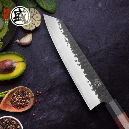 7-Inch Japanese Nakiri Knife, 3-layer 9Cr18MoV steel | San-Mai Hand-Forged Steel, Deep-Cryo Treatment, Tsuchime Kurouchi Finish, Rosewood Handle, Sandalwood Box