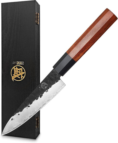 7-Inch Japanese Nakiri Knife, 3-layer 9Cr18MoV steel | San-Mai Hand-Forged Steel, Deep-Cryo Treatment, Tsuchime Kurouchi Finish, Rosewood Handle, Sandalwood Box
