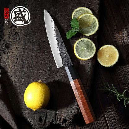 7-Inch Japanese Nakiri Knife, 3-layer 9Cr18MoV steel | San-Mai Hand-Forged Steel, Deep-Cryo Treatment, Tsuchime Kurouchi Finish, Rosewood Handle, Sandalwood Box