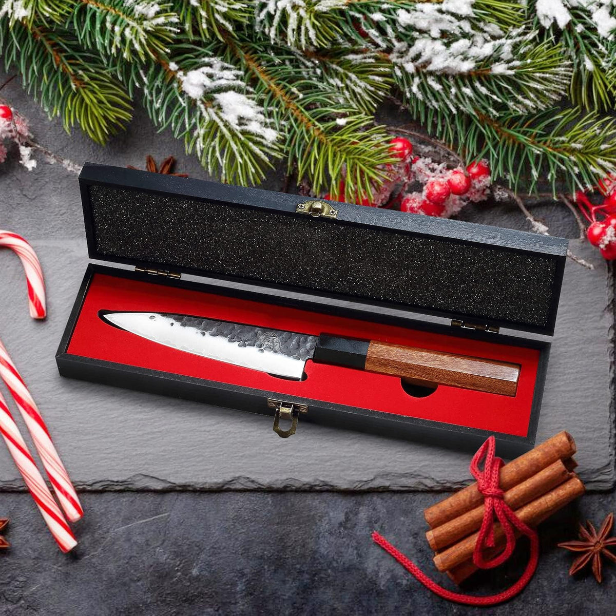7-Inch Japanese Nakiri Knife, 3-layer 9Cr18MoV steel | San-Mai Hand-Forged Steel, Deep-Cryo Treatment, Tsuchime Kurouchi Finish, Rosewood Handle, Sandalwood Box