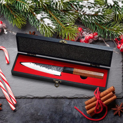 7-Inch Japanese Nakiri Knife, 3-layer 9Cr18MoV steel | San-Mai Hand-Forged Steel, Deep-Cryo Treatment, Tsuchime Kurouchi Finish, Rosewood Handle, Sandalwood Box