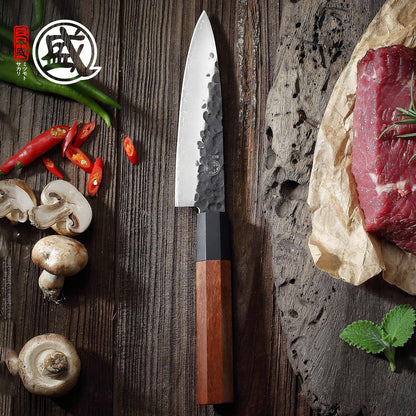 7-Inch Japanese Nakiri Knife, 3-layer 9Cr18MoV steel | San-Mai Hand-Forged Steel, Deep-Cryo Treatment, Tsuchime Kurouchi Finish, Rosewood Handle, Sandalwood Box