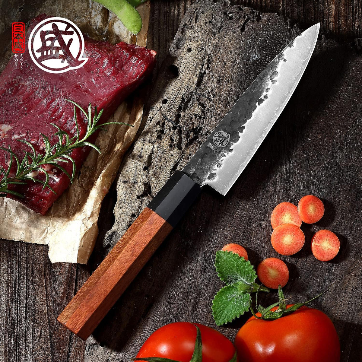 7-Inch Japanese Nakiri Knife, 3-layer 9Cr18MoV steel | San-Mai Hand-Forged Steel, Deep-Cryo Treatment, Tsuchime Kurouchi Finish, Rosewood Handle, Sandalwood Box