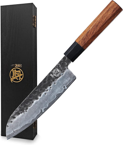 7-Inch Japanese Nakiri Knife, 3-layer 9Cr18MoV steel | San-Mai Hand-Forged Steel, Deep-Cryo Treatment, Tsuchime Kurouchi Finish, Rosewood Handle, Sandalwood Box