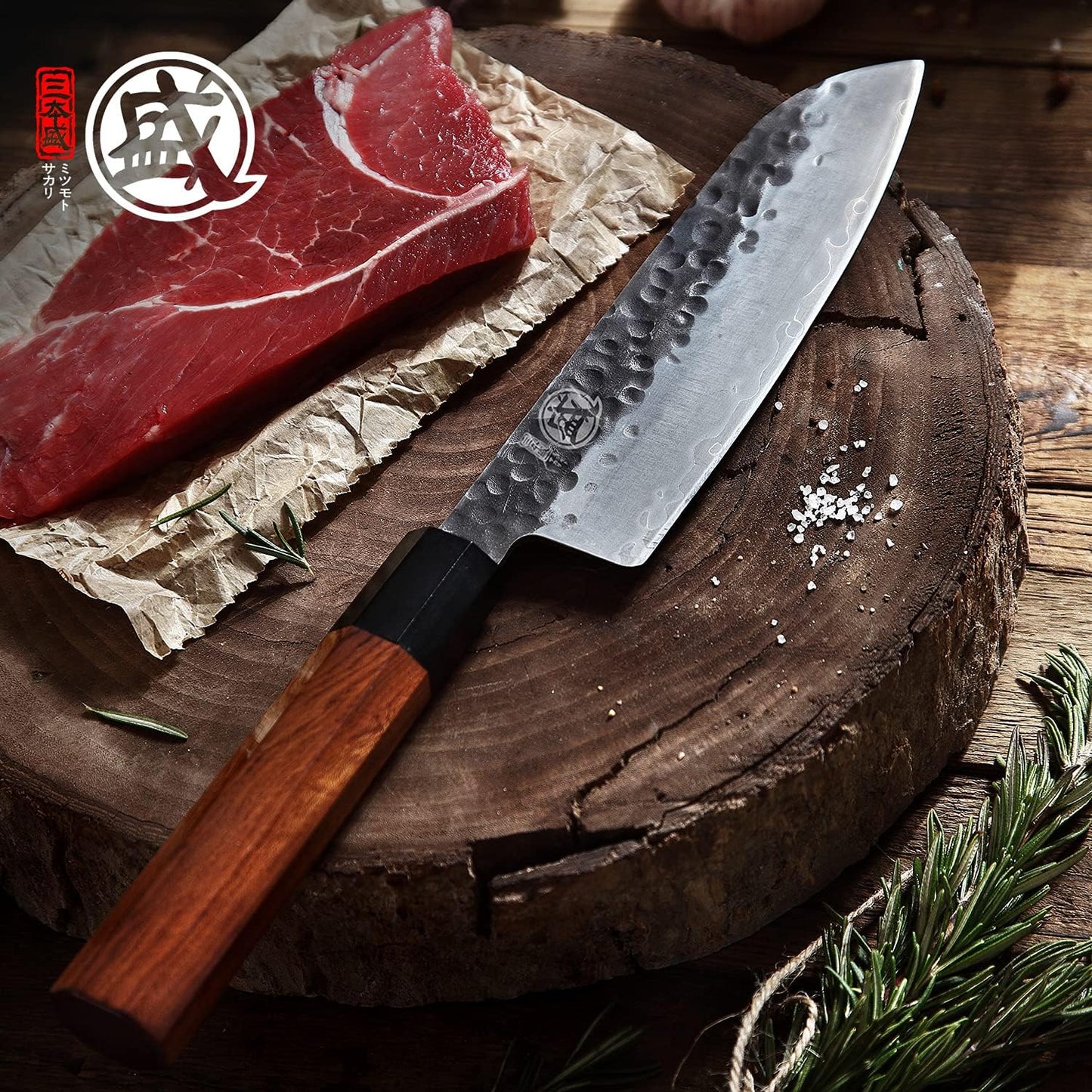 7-Inch Japanese Nakiri Knife, 3-layer 9Cr18MoV steel | San-Mai Hand-Forged Steel, Deep-Cryo Treatment, Tsuchime Kurouchi Finish, Rosewood Handle, Sandalwood Box