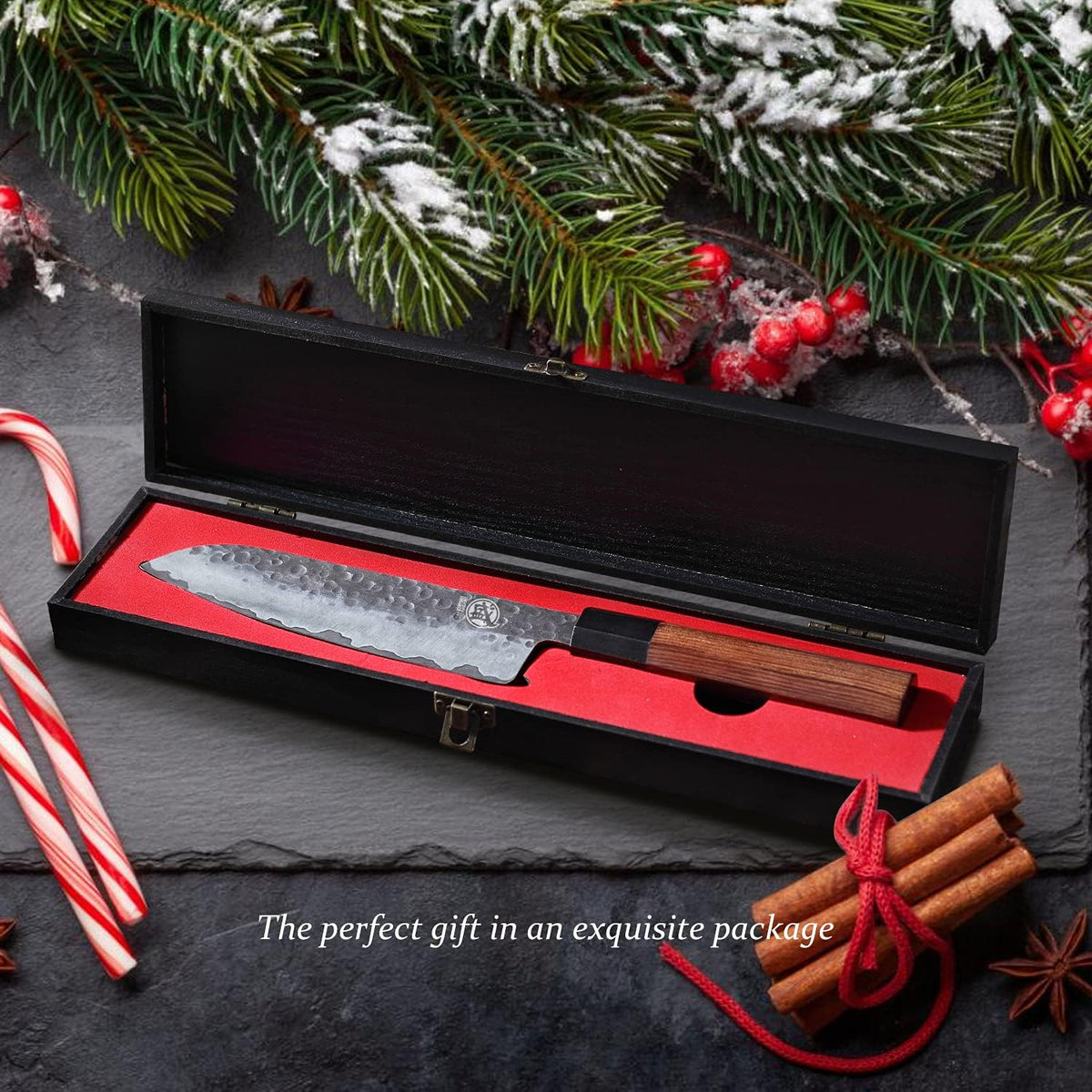 7-Inch Japanese Nakiri Knife, 3-layer 9Cr18MoV steel | San-Mai Hand-Forged Steel, Deep-Cryo Treatment, Tsuchime Kurouchi Finish, Rosewood Handle, Sandalwood Box