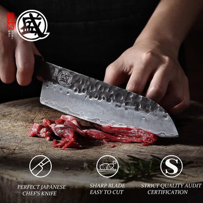 7-Inch Japanese Nakiri Knife, 3-layer 9Cr18MoV steel | San-Mai Hand-Forged Steel, Deep-Cryo Treatment, Tsuchime Kurouchi Finish, Rosewood Handle, Sandalwood Box