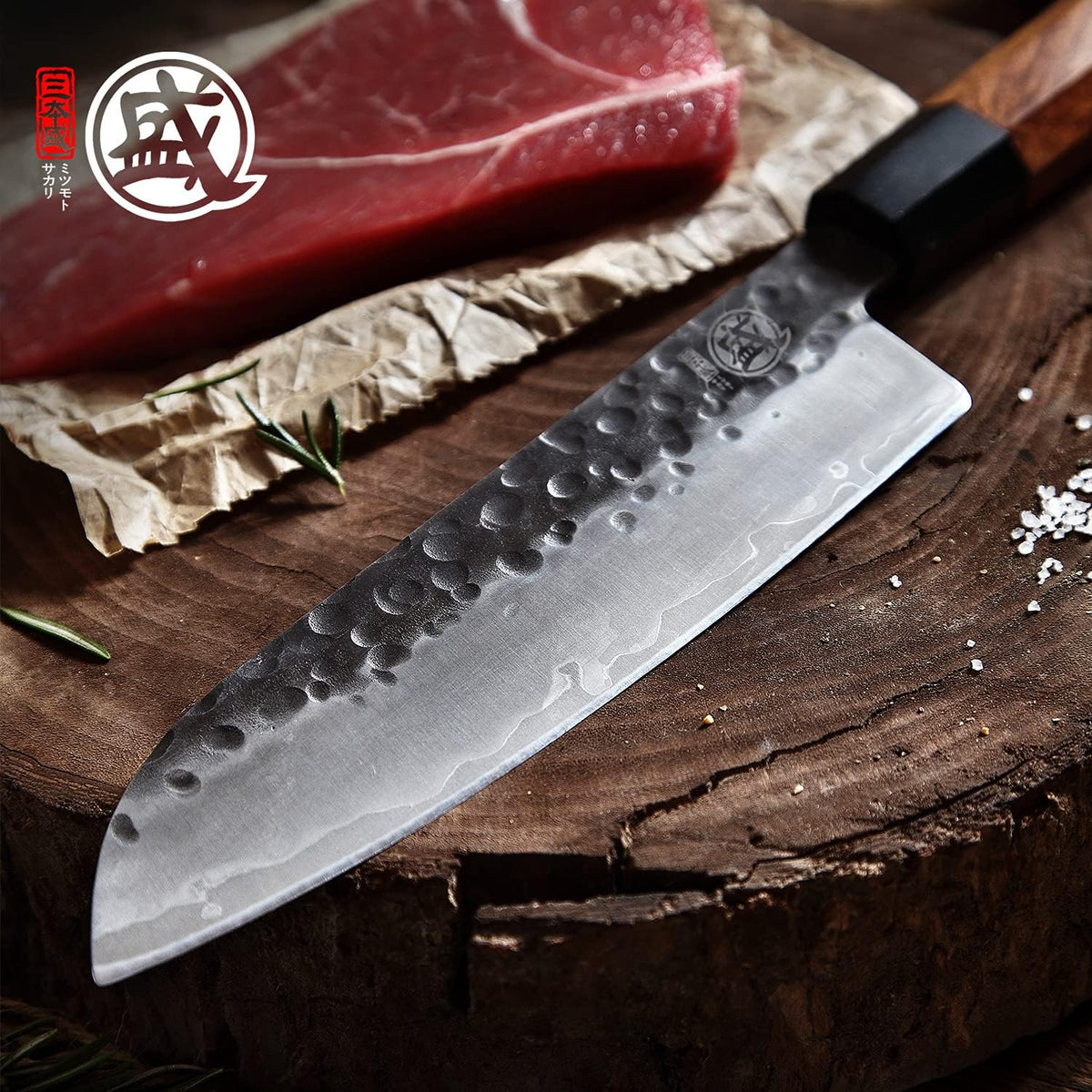 7-Inch Japanese Nakiri Knife, 3-layer 9Cr18MoV steel | San-Mai Hand-Forged Steel, Deep-Cryo Treatment, Tsuchime Kurouchi Finish, Rosewood Handle, Sandalwood Box