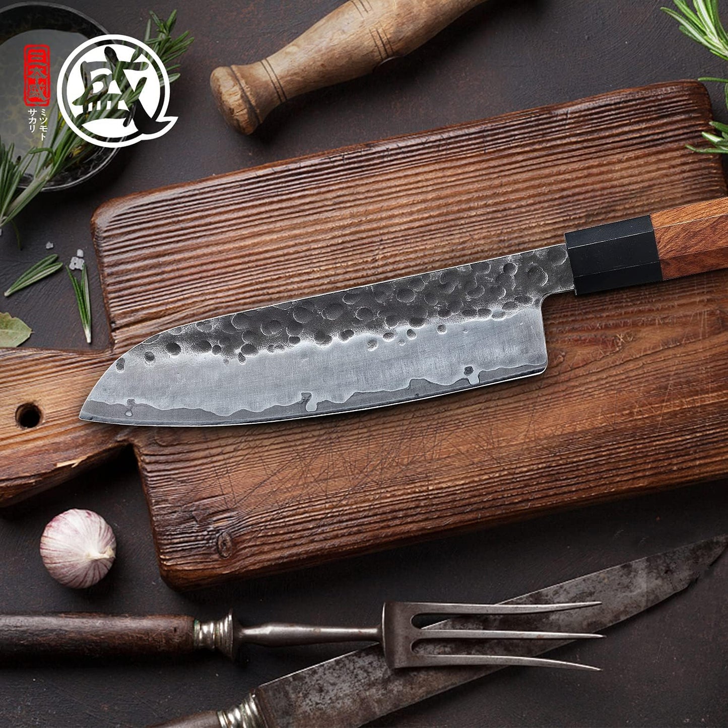 7-Inch Japanese Nakiri Knife, 3-layer 9Cr18MoV steel | San-Mai Hand-Forged Steel, Deep-Cryo Treatment, Tsuchime Kurouchi Finish, Rosewood Handle, Sandalwood Box