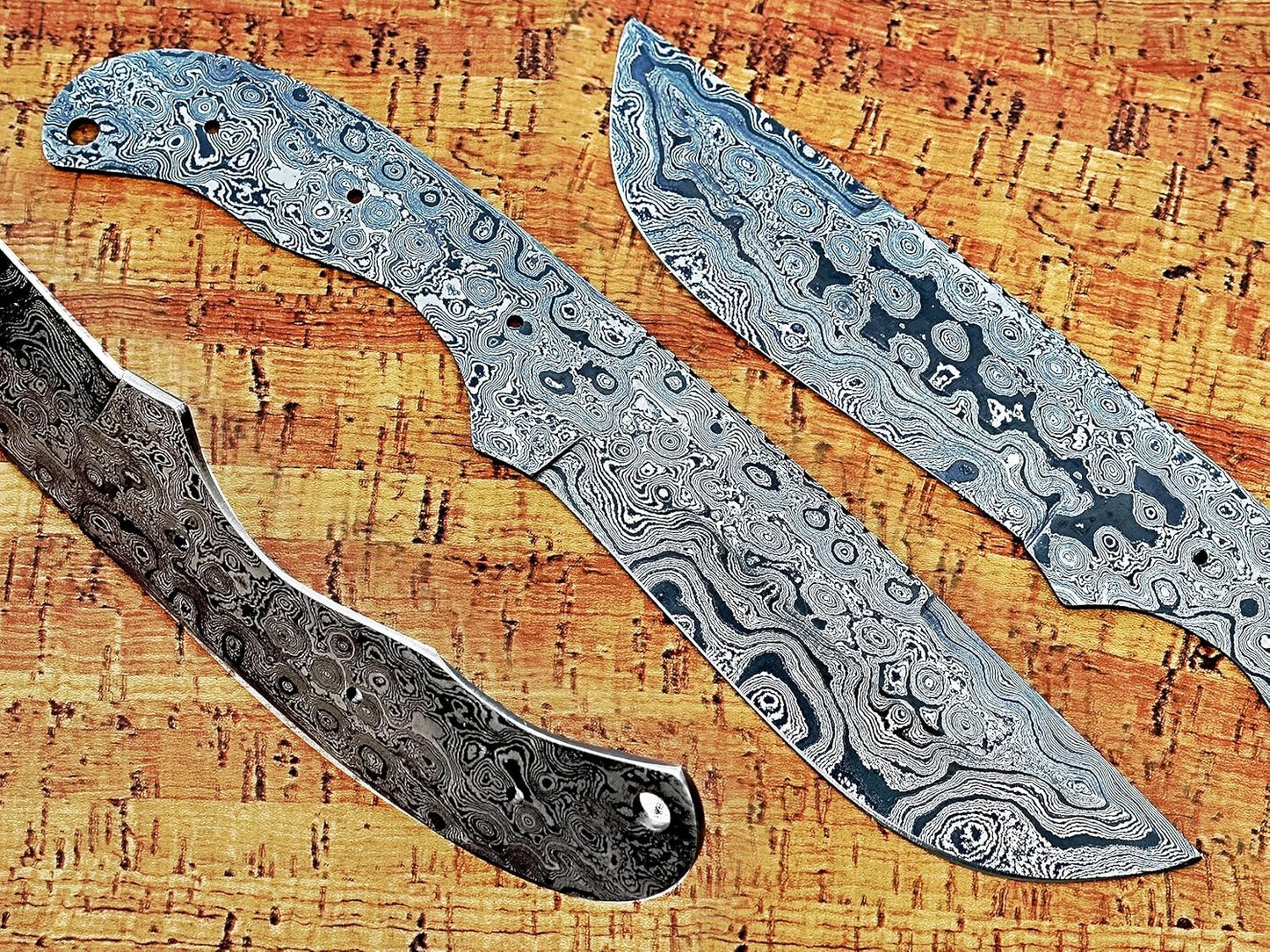 knife making rain drop pattern Damascus steel blank blade, 10.5 inches long hand forged straight back skinning knife, hunting knife, 4.5" scale space with 3 Pin and a lace hole, 5.25 inches cutting edge