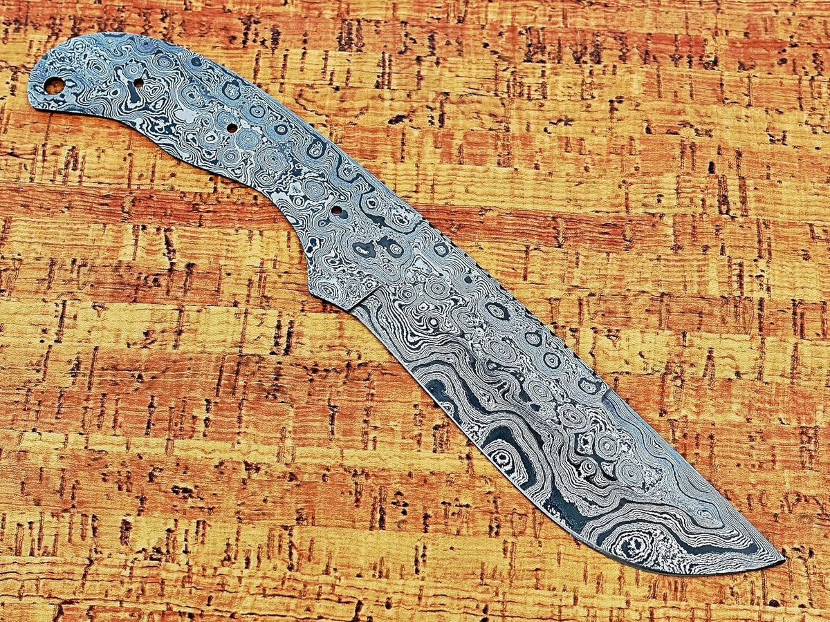 knife making rain drop pattern Damascus steel blank blade, 10.5 inches long hand forged straight back skinning knife, hunting knife, 4.5" scale space with 3 Pin and a lace hole, 5.25 inches cutting edge