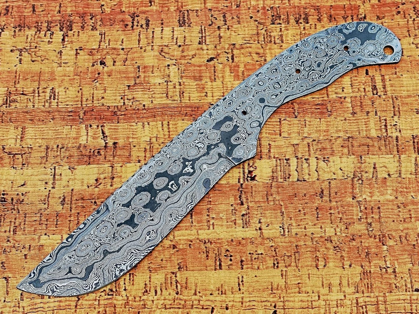 knife making rain drop pattern Damascus steel blank blade, 10.5 inches long hand forged straight back skinning knife, hunting knife, 4.5" scale space with 3 Pin and a lace hole, 5.25 inches cutting edge