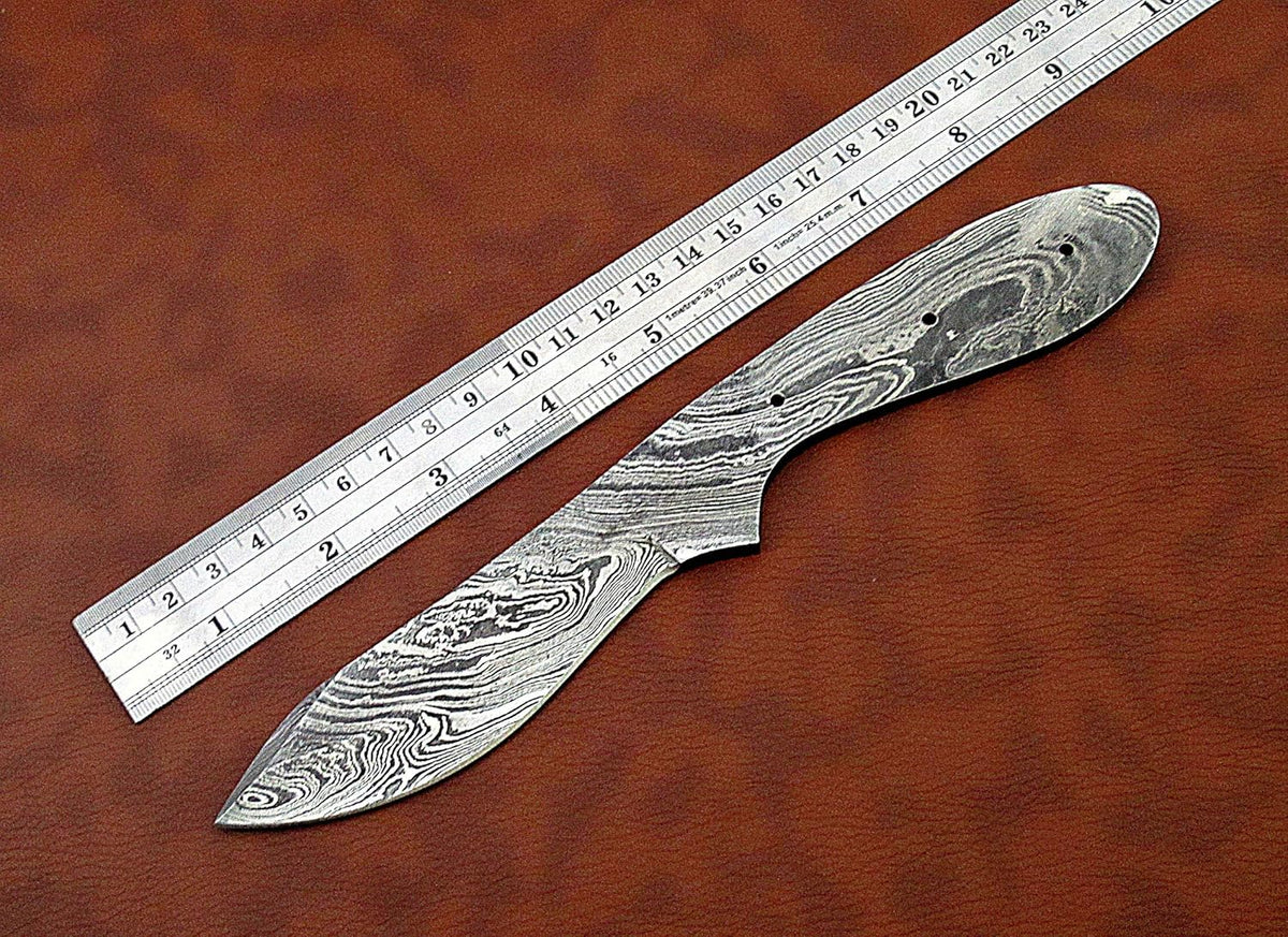 knife making rain drop pattern Damascus steel blank blade, 10.5 inches long hand forged straight back skinning knife, hunting knife, 4.5" scale space with 3 Pin and a lace hole, 5.25 inches cutting edge