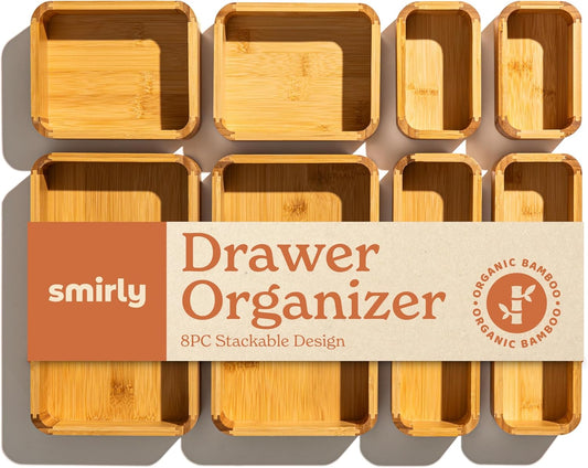 8-Piece Bamboo Kitchen Drawer Organizer Set for Large and Small Utensils, Multi-use Storage Box - Bathroom, Nightstand, Jewelry, Cutlery, Knife, Spice, Towel, Junk Drawer Tray