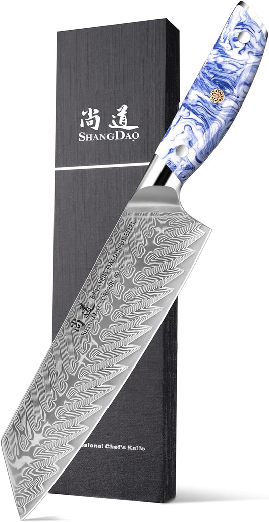 8 Inch Kiritsuke Chef Knife, Kitchen Slicing Knife Forged Damascus Steel with Blue and White Resin Handle - Full Tang - HUA Series