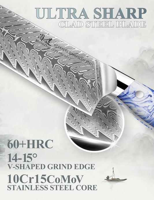 8 Inch Kiritsuke Chef Knife, Kitchen Slicing Knife Forged Damascus Steel with Blue and White Resin Handle - Full Tang - HUA Series