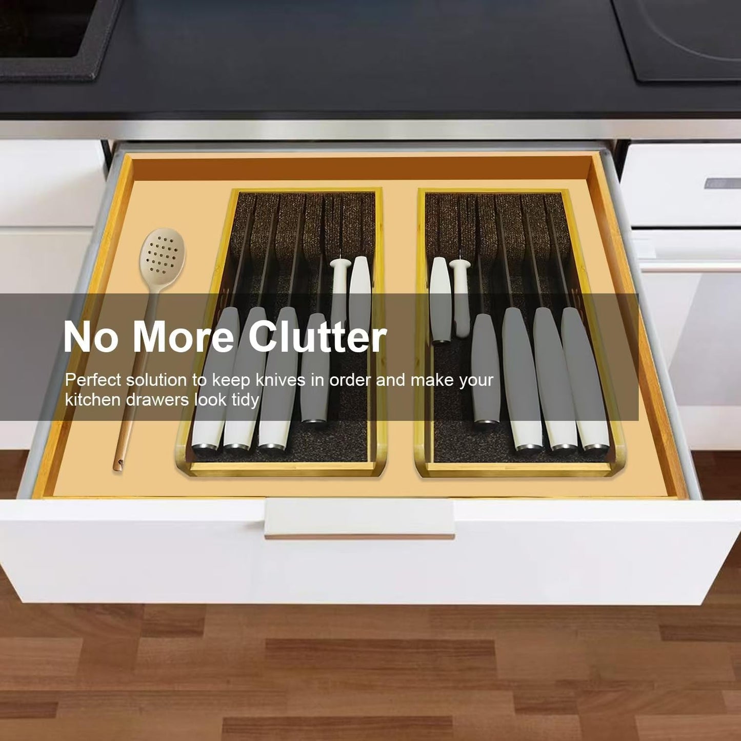 Knife Drawer Organizer Bamboo Insert Dock, 15'' Kitchen Steak Knives Holder Organizers Block for Drawer in Storage Organization
