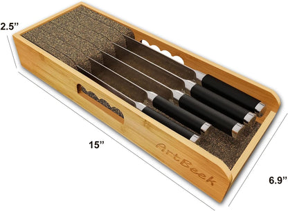 Knife Drawer Organizer Bamboo Insert Dock, 15'' Kitchen Steak Knives Holder Organizers Block for Drawer in Storage Organization