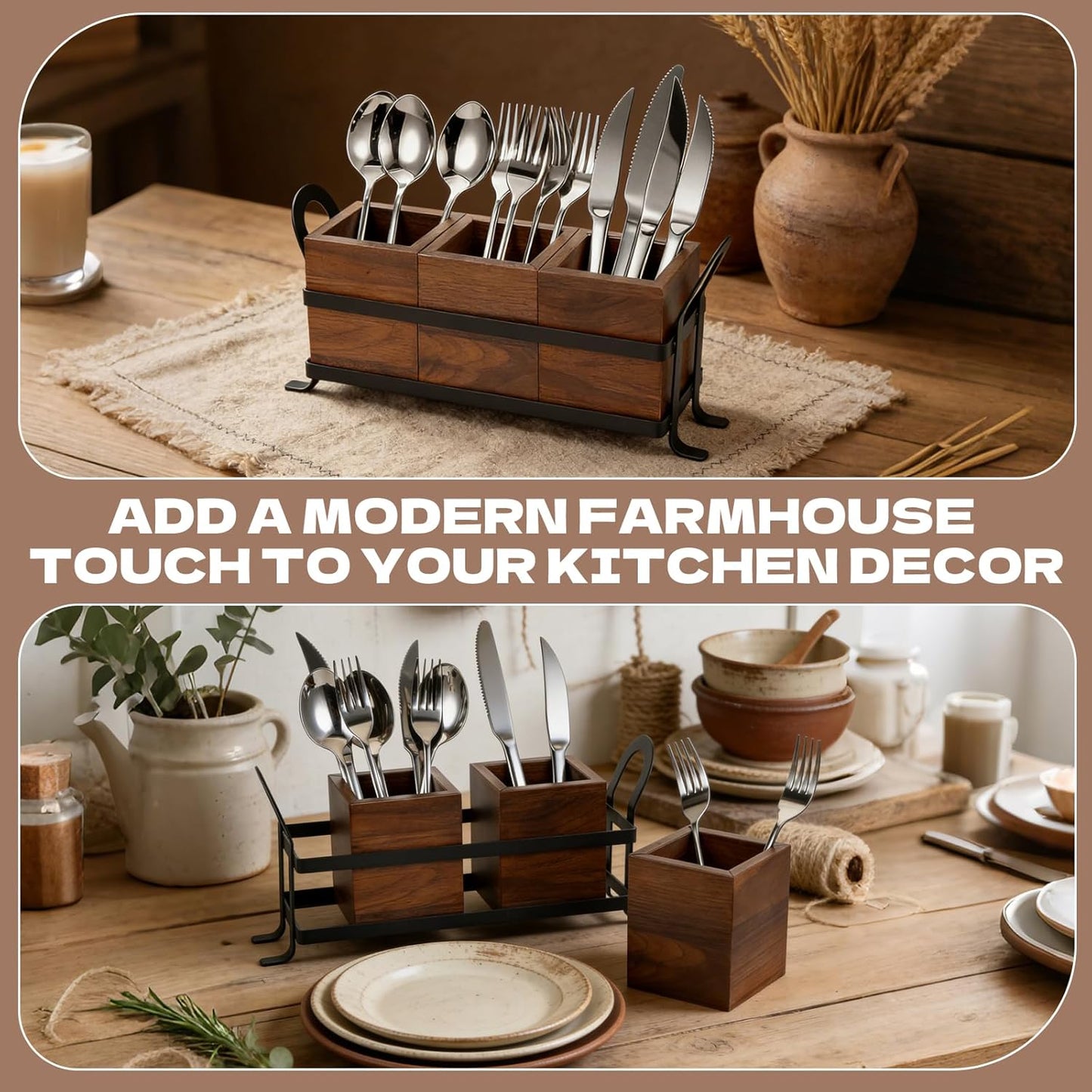 Wooden Utensil Holder with Drain Holes - 3 Compartments Farmhouse Kitchen Utensil Caddy Silverware Holder, Black Metal Tray Flatware Organizer for Spoons Forks Knives (New Improved Version)